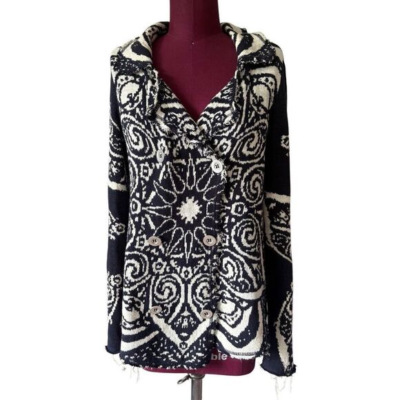 FREE PEOPLE Mandella Intarsia CARDIGAN Knit Jacket size S Boho Black White - Picture 3 of 10
